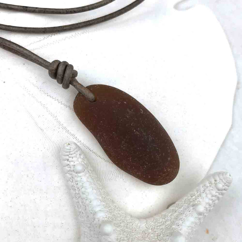 Tapered Bright Amber Sea Glass Leather Necklace  - it&